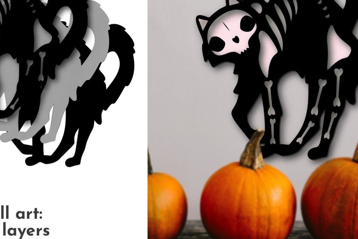 Intra απο ξύλο plywood 3mm-4mm πάχος - Σχέδιο κοπής με λέιζερ αποκριάτικων γατών, κρανίο Δίασταση 40x50 cm INTRAFABR-38596354