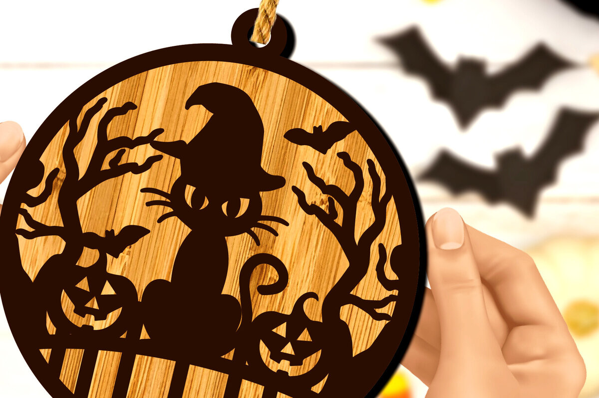 Intra απο ξύλο plywood 3mm-4mm πάχος - Στρογγυλό κρεμαστό σημάδι γάτας αποκριών Δίασταση 15x15 cm INTRAFABR-102913848