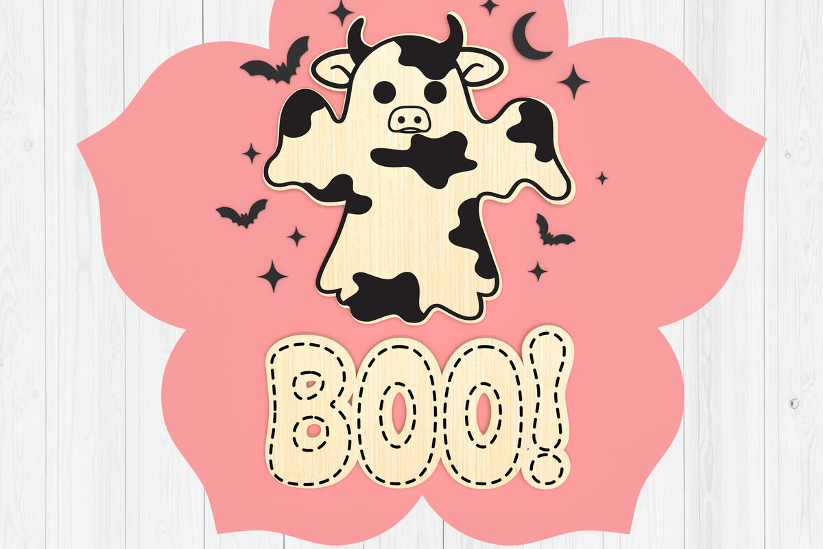 Intra απο ξύλο plywood 3mm-4mm πάχος - Σήμα καλωσορίσματος Halloween Cow Boo 3d  Δίασταση 15x15 cm INTRAFABR-104923402