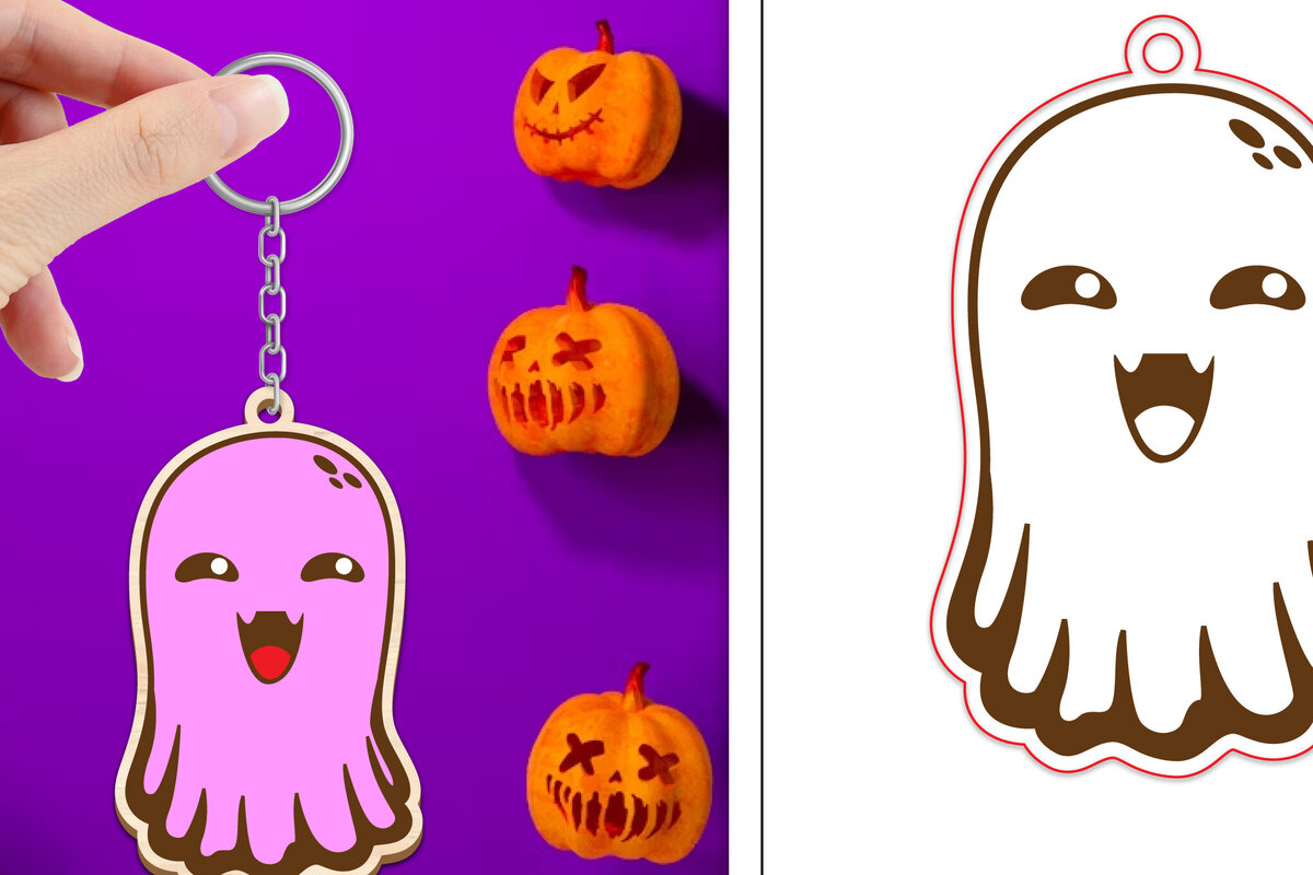 Intra απο ξύλο plywood 3mm-4mm πάχος - Halloween Cute Ghost Keychain Laser Cut Δίασταση 4x4 cm INTRAFABR-102621667