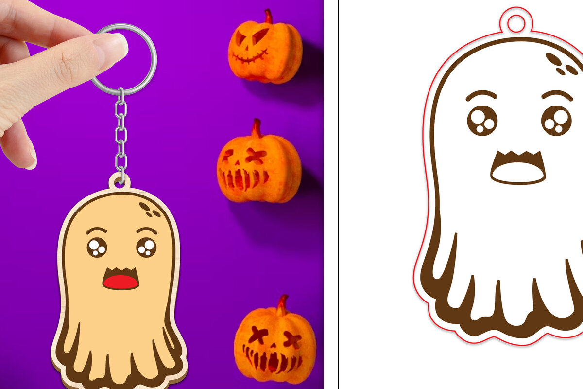 Intra απο ξύλο plywood 3mm-4mm πάχος - Halloween Cute Ghost Keychain Laser Cut Δίασταση 4x4 cm INTRAFABR-102621699
