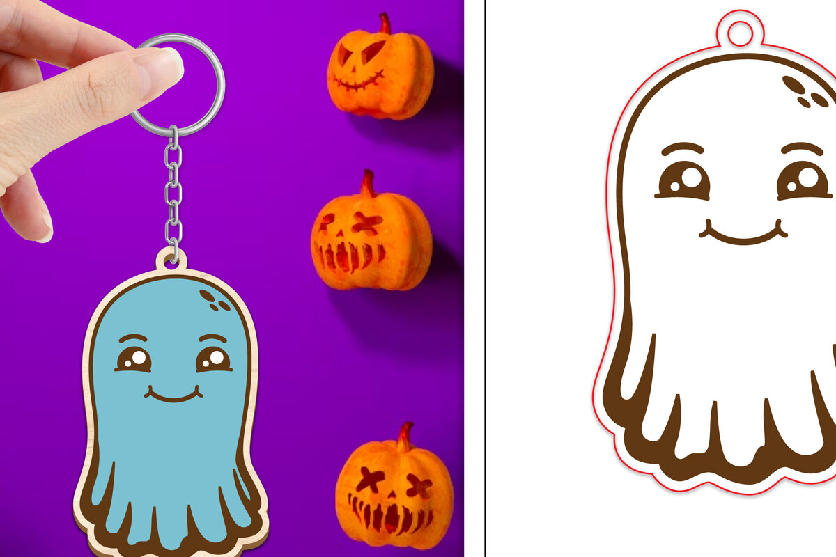 Intra απο ξύλο plywood 3mm-4mm πάχος - Halloween Cute Ghost Keychain Laser Cut Δίασταση 4x4 cm INTRAFABR-102621447