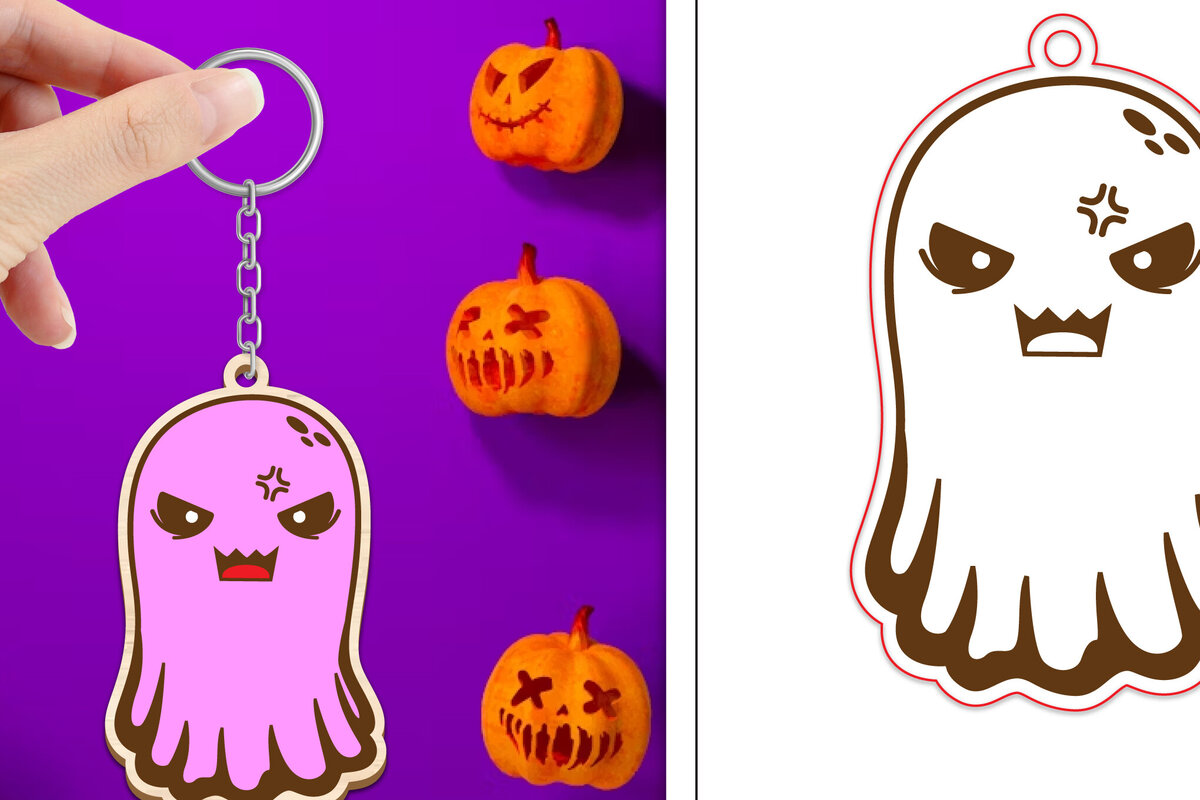 Intra απο ξύλο plywood 3mm-4mm πάχος - Halloween Cute Ghost Keychain Laser Cut Δίασταση 4x4 cm INTRAFABR-102621492