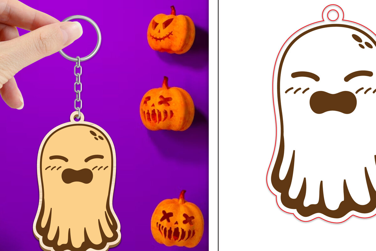 Intra απο ξύλο plywood 3mm-4mm πάχος - Halloween Cute Ghost Keychain Laser Cut Δίασταση 4x4 cm INTRAFABR-102621528