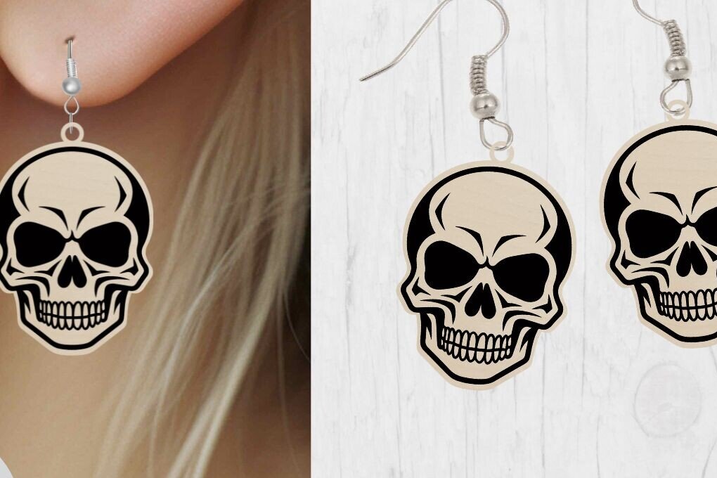 Intra απο ξύλο plywood 3mm-4mm πάχος - Αποκριάτικο σκουλαρίκι με λέιζερ κομμένο , κρανίο Δίασταση 3x3 cm INTRAFABR-77017297