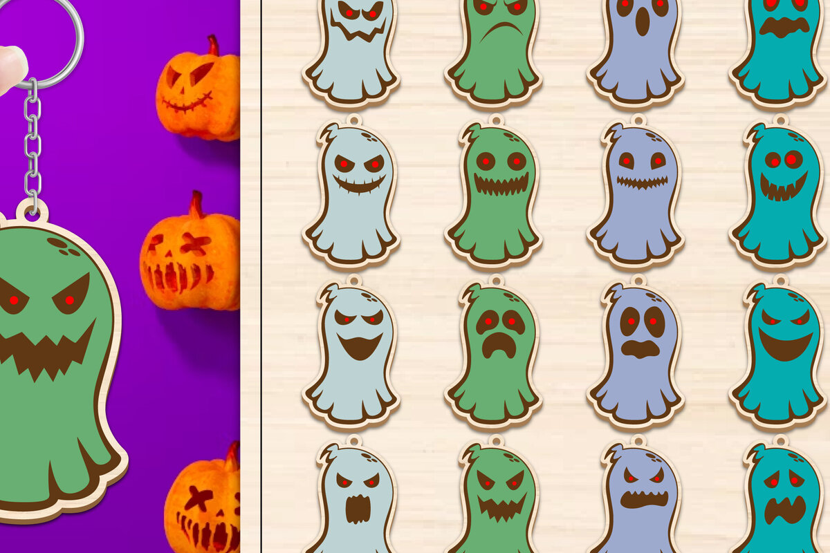 Intra απο ξύλο plywood 3mm-4mm πάχος - Πακέτο κοπής με μπρελόκ Halloween Ghost Δίασταση 4x4 cm INTRAFABR-102519429