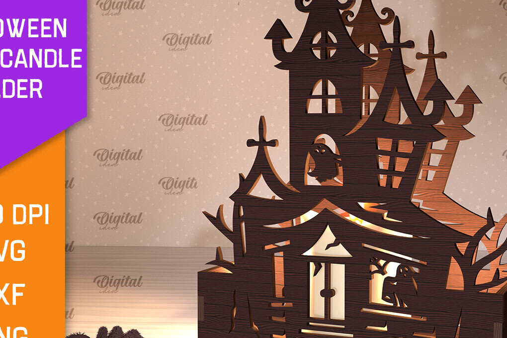 Intra απο ξύλο plywood 3mm-4mm πάχος - Κηροπήγιο Halloween House Δίασταση 15x15 cm INTRAFABR-103939288