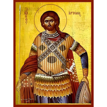 Εικόνα Ορθοδοξίας με περίγραμμα χρυσό σε ξύλο Φλαμουρίας  με  βάση Εικόνα ΑΓΙΟΣ ΑΡΤΕΜΙΟΣ, Ο ΜΕΓΑΛΟΜΑΡΤΥΣ, ΑΝΤΙΟΧΕΙΑΣ Χειροποίητη Ελληνορθόδοξη εικόνα του Ιησού Χριστού, Κρεμαστή πλάκα βυζαντινής τέχνης, χριστιανική τέχνη Διάσταση 40x30 cm (10,2x7,9 ίντσες)  INTRAEK-1447757865000 - Image 1