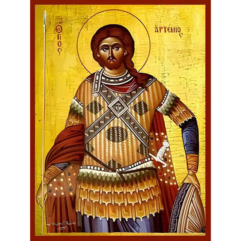 Εικόνα Ορθοδοξίας με περίγραμμα χρυσό σε ξύλο Φλαμουρίας  με  βάση Εικόνα ΑΓΙΟΣ ΑΡΤΕΜΙΟΣ, Ο ΜΕΓΑΛΟΜΑΡΤΥΣ, ΑΝΤΙΟΧΕΙΑΣ Χειροποίητη Ελληνορθόδοξη εικόνα του Ιησού Χριστού, Κρεμαστή πλάκα βυζαντινής τέχνης, χριστιανική τέχνη Διάσταση 40x30 cm (10,2x7,9 ίντσες)  INTRAEK-1447757865000