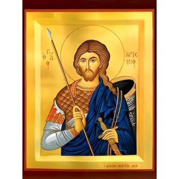 Εικόνα Ορθοδοξίας με περίγραμμα χρυσό σε ξύλο Φλαμουρίας  με  βάση Εικόνα ΑΓΙΟΣ ΑΡΤΕΜΙΟΣ, Ο ΜΕΓΑΛΟΜΑΡΤΥΣ, ΑΝΤΙΟΧΕΙΑΣ Χειροποίητη Ελληνορθόδοξη εικόνα του Ιησού Χριστού, Κρεμαστή πλάκα βυζαντινής τέχνης, χριστιανική τέχνη Διάσταση 40x30 cm (10,2x7,9 ίντσες)  INTRAEK-1447757864999 - Image 1