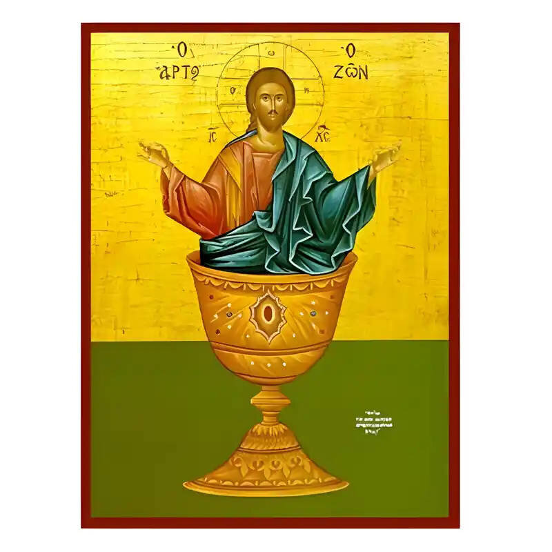 Εικόνα Ορθοδοξίας με περίγραμμα χρυσό σε ξύλο Φλαμουρίας  με  βάση Εικόνα Χριστός Ευλογών, ο Άρτος ο Ζων Χειροποίητη Ελληνορθόδοξη , Κρεμαστή πλάκα βυζαντινής τέχνης, χριστιανική τέχνη Διάσταση 10x7 cm (3,9 x 2,8 ίντσες) INTRAEK-670766