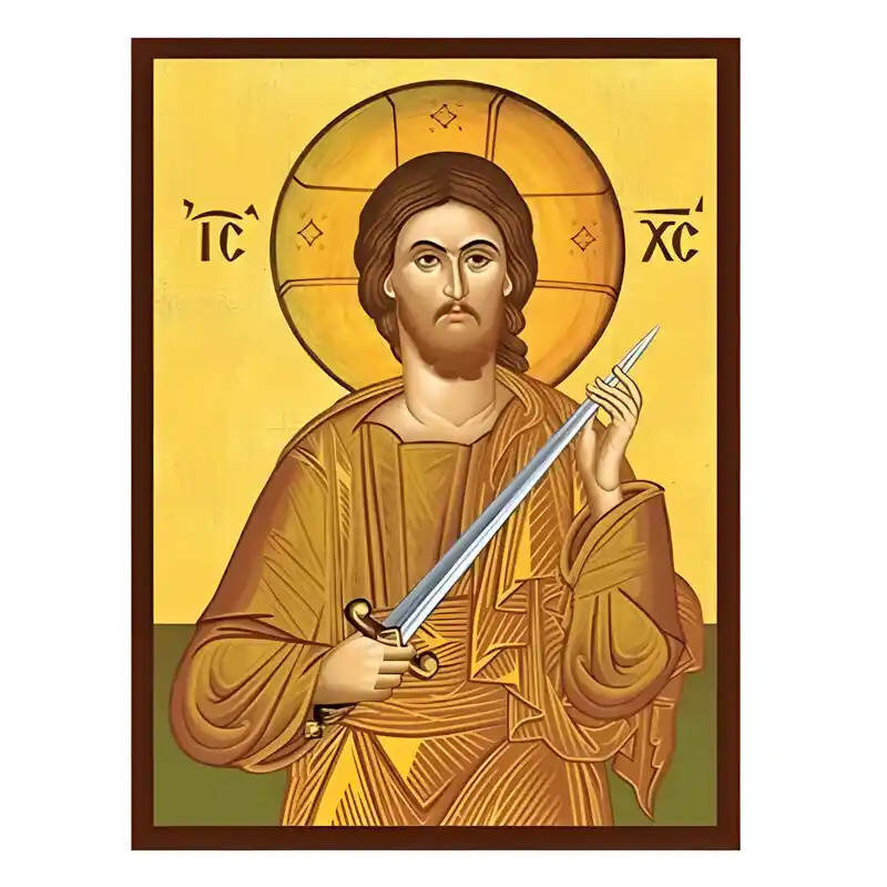 Εικόνα Ορθοδοξίας με περίγραμμα χρυσό σε ξύλο Φλαμουρίας  με  βάση Εικόνα Χριστός Κρατών Ξίφος και Κόπτων την αμαρτία Χειροποίητη Ελληνορθόδοξη , Κρεμαστή πλάκα βυζαντινής τέχνης, χριστιανική τέχνη Διάσταση 10x7 cm (3,9 x 2,8 ίντσες) INTRAEK-670761