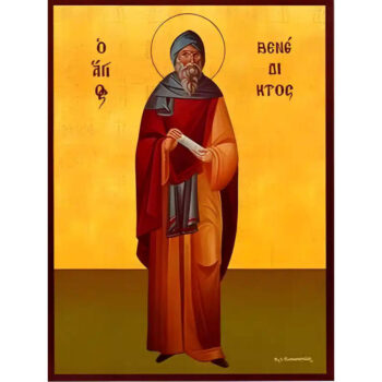 Εικόνα Ορθοδοξίας με περίγραμμα χρυσό σε ξύλο Φλαμουρίας  με  βάση Εικόνα ΑΓΙΟΣ ΒΕΝΕΔΙΚΤΟΣ ΤΗΣ ΝΟΥΡΣΙΑ, ΟΛΟΣΩΜΟΣ Χειροποίητη Ελληνορθόδοξη εικόνα του Ιησού Χριστού, Κρεμαστή πλάκα βυζαντινής τέχνης, χριστιανική τέχνη Διάσταση 40x30 cm (10,2x7,9 ίντσες)  INTRAEK-1447757864984 - Image 1