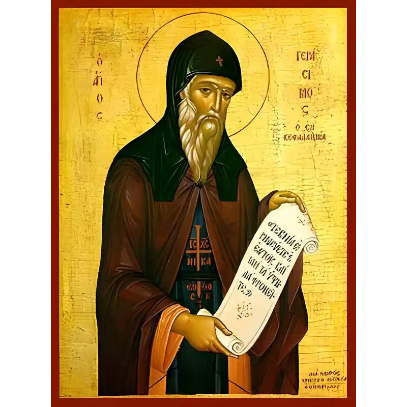 Εικόνα Ορθοδοξίας με περίγραμμα χρυσό σε ξύλο Φλαμουρίας  με  βάση Εικόνα ΑΓΙΟΣ ΓΕΡΑΣΙΜΟΣ Ο ΕΚ ΚΕΦΑΛΛΗΝΙΑΣ Χειροποίητη Ελληνορθόδοξη εικόνα του Ιησού Χριστού, Κρεμαστή πλάκα βυζαντινής τέχνης, χριστιανική τέχνη Διάσταση 40x30 cm (10,2x7,9 ίντσες)  INTRAEK-1447757864969