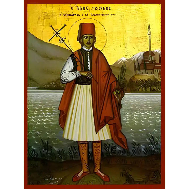 Εικόνα Ορθοδοξίας με περίγραμμα χρυσό σε ξύλο Φλαμουρίας  με  βάση Εικόνα ΑΓΙΟΣ ΓΕΩΡΓΙΟΣ ΝΕΟΜΑΡΤΥΣ, Ο ΕΞ’ ΙΩΑΝΝΙΝΩΝ, ΟΛΟΣΩΜΟΣ Χειροποίητη Ελληνορθόδοξη εικόνα του Ιησού Χριστού, Κρεμαστή πλάκα βυζαντινής τέχνης, χριστιανική τέχνη Διάσταση 40x30 cm (10,2x7,9 ίντσες)  INTRAEK-1447757864961