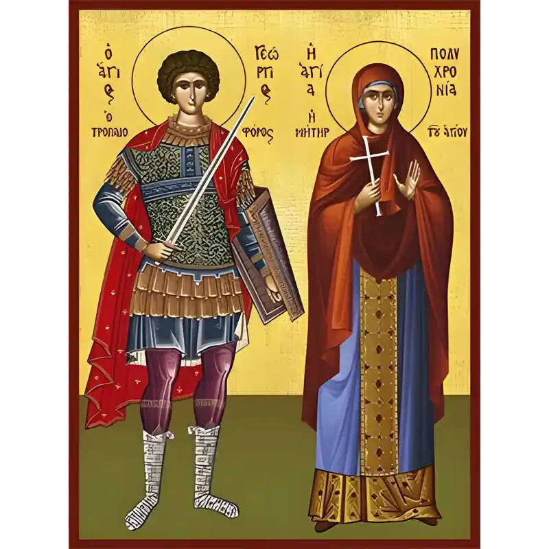 Εικόνα Ορθοδοξίας με περίγραμμα χρυσό σε ξύλο Φλαμουρίας  με  βάση Εικόνα ΑΓΙΟΣ ΓΕΩΡΓΙΟΣ Ο ΤΡΟΠΑΙΟΦΟΡΟΣ ΚΑΙ ΑΓΙΑ ΠΟΛΥΧΡΟΝΙΑ, Η ΜΗΤΗΡ ΑΥΤΟΥ, ΟΛΟΣΩΜΟΙ Χειροποίητη Ελληνορθόδοξη εικόνα του Ιησού Χριστού, Κρεμαστή πλάκα βυζαντινής τέχνης, χριστιανική τέχνη Διάσταση 40x30 cm (10,2x7,9 ίντσες)  INTRAEK-1447757864959