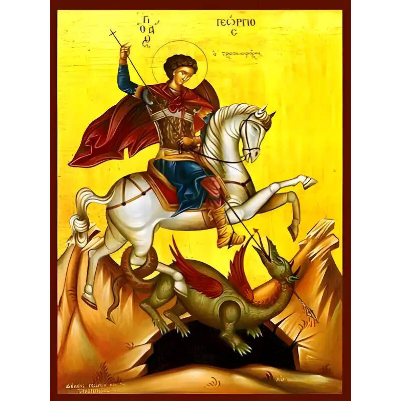 Εικόνα Ορθοδοξίας με περίγραμμα χρυσό σε ξύλο Φλαμουρίας  με  βάση Εικόνα ΑΓΙΟΣ ΓΕΩΡΓΙΟΣ Ο ΤΡΟΠΑΙΟΦΟΡΟΣ, ΕΦΙΠΠΟΣ Χειροποίητη Ελληνορθόδοξη εικόνα του Ιησού Χριστού, Κρεμαστή πλάκα βυζαντινής τέχνης, χριστιανική τέχνη Διάσταση 40x30 cm (10,2x7,9 ίντσες)  INTRAEK-1447757864951
