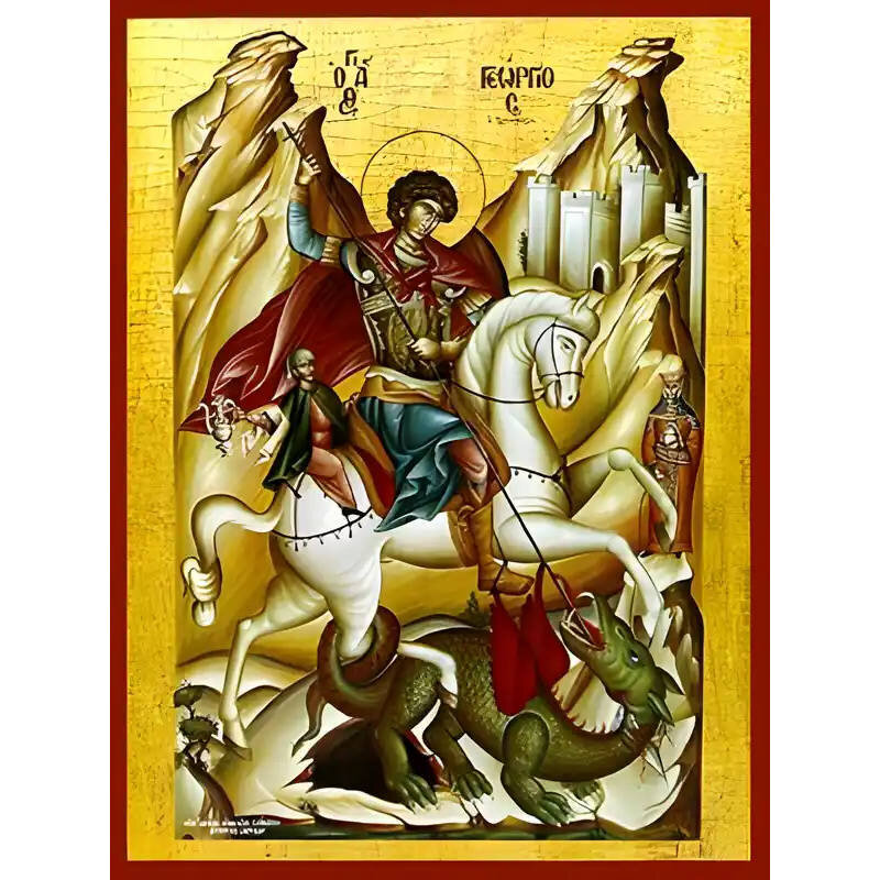 Εικόνα Ορθοδοξίας με περίγραμμα χρυσό σε ξύλο Φλαμουρίας  με  βάση Εικόνα ΑΓΙΟΣ ΓΕΩΡΓΙΟΣ Ο ΤΡΟΠΑΙΟΦΟΡΟΣ, ΕΦΙΠΠΟΣ Χειροποίητη Ελληνορθόδοξη εικόνα του Ιησού Χριστού, Κρεμαστή πλάκα βυζαντινής τέχνης, χριστιανική τέχνη Διάσταση 40x30 cm (10,2x7,9 ίντσες)  INTRAEK-1447757864947