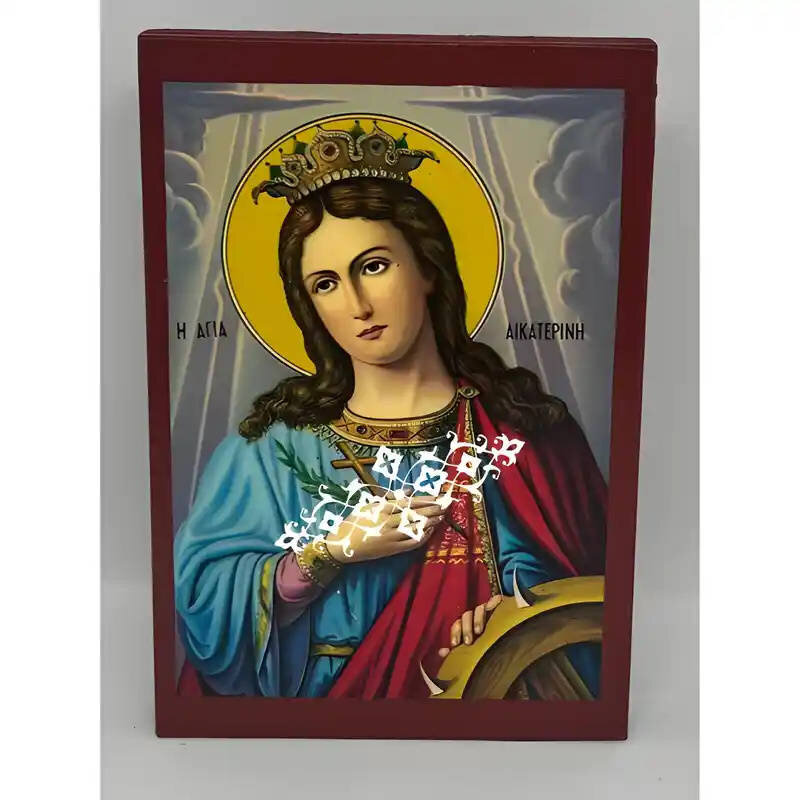 Εικόνα Ορθοδοξίας με περίγραμμα χρυσό σε ξύλο Φλαμουρίας  με  βάση Εικόνα Αγία Αικατερίνη Χειροποίητη Ελληνορθόδοξη , Κρεμαστή πλάκα βυζαντινής τέχνης, χριστιανική τέχνη Διάσταση 10x7 cm (3,9 x 2,8 ίντσες) INTRAEK-670707