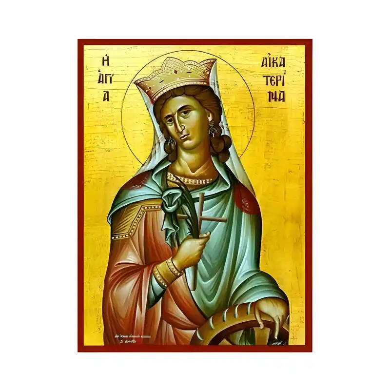 Εικόνα Ορθοδοξίας με περίγραμμα χρυσό σε ξύλο Φλαμουρίας  με  βάση Εικόνα Αγία Αικατερίνη Χειροποίητη Ελληνορθόδοξη , Κρεμαστή πλάκα βυζαντινής τέχνης, χριστιανική τέχνη Διάσταση 10x7 cm (3,9 x 2,8 ίντσες) INTRAEK-670704