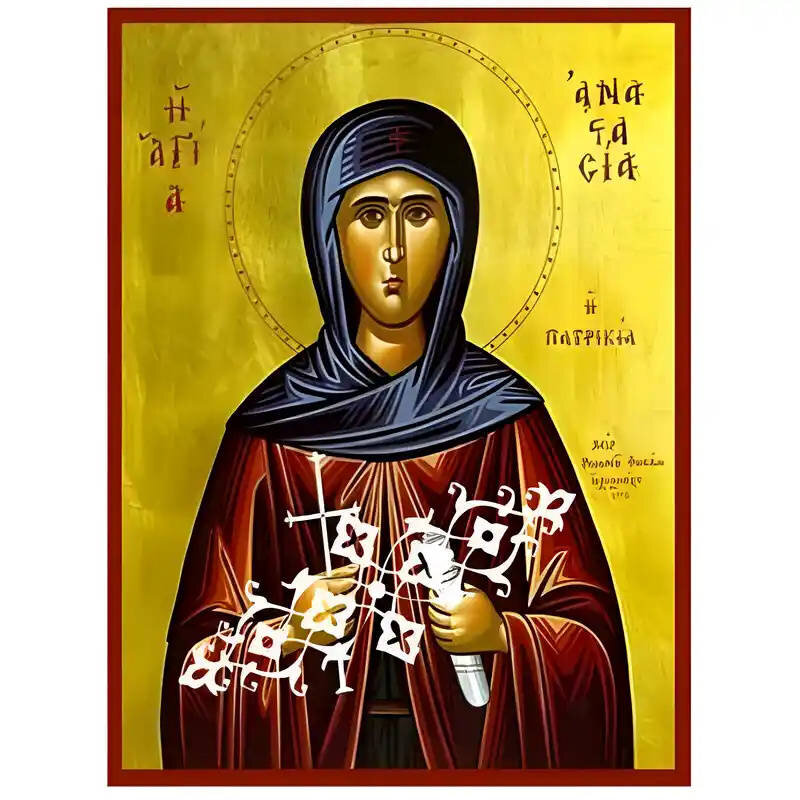 Εικόνα Ορθοδοξίας με περίγραμμα χρυσό σε ξύλο Φλαμουρίας  με  βάση Εικόνα Αγία Αναστασία η Πατρικία Χειροποίητη Ελληνορθόδοξη , Κρεμαστή πλάκα βυζαντινής τέχνης, χριστιανική τέχνη Διάσταση 10x7 cm (3,9 x 2,8 ίντσες) INTRAEK-670692