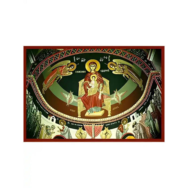 Εικόνα Ορθοδοξίας με περίγραμμα χρυσό σε ξύλο Φλαμουρίας  με  βάση Εικόνα ΠΑΝΑΓΙΑ ΜΕ ΧΡΙΣΤΟ, ΠΛΑΤΥΤΕΡΑ ΕΝΘΡΟΝΟΣ, ΒΑΣΙΛΙΣΣΑ ΤΩΝ ΟΥΡΑΝΩΝ (ΘΟΛΟΣ) Χειροποίητη Ελληνορθόδοξη εικόνα του Ιησού Χριστού, Κρεμαστή πλάκα βυζαντινής τέχνης, χριστιανική τέχνη Διάσταση 15x11 cm (5,9x4,3 ίντσες)  INTRAEK-337757864205