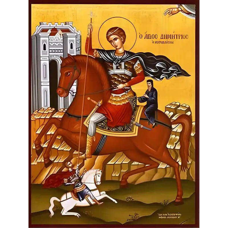 Εικόνα Ορθοδοξίας με περίγραμμα χρυσό σε ξύλο Φλαμουρίας  με  βάση Εικόνα ΑΓΙΟΣ ΔΗΜΗΤΡΙΟΣ Ο ΜΥΡΟΒΛΥΤΗΣ, ΕΦΙΠΠΟΣ Χειροποίητη Ελληνορθόδοξη εικόνα του Ιησού Χριστού, Κρεμαστή πλάκα βυζαντινής τέχνης, χριστιανική τέχνη Διάσταση 40x30 cm (10,2x7,9 ίντσες)  INTRAEK-1447757864912