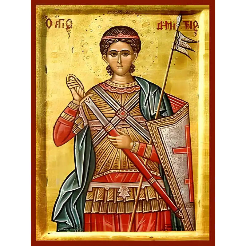 Εικόνα Ορθοδοξίας με περίγραμμα χρυσό σε ξύλο Φλαμουρίας  με  βάση Εικόνα ΑΓΙΟΣ ΔΗΜΗΤΡΙΟΣ Ο ΜΥΡΟΒΛΥΤΗΣ, ΗΜΙΣΩΜΟΣ Χειροποίητη Ελληνορθόδοξη εικόνα του Ιησού Χριστού, Κρεμαστή πλάκα βυζαντινής τέχνης, χριστιανική τέχνη Διάσταση 40x30 cm (10,2x7,9 ίντσες)  INTRAEK-1447757864907