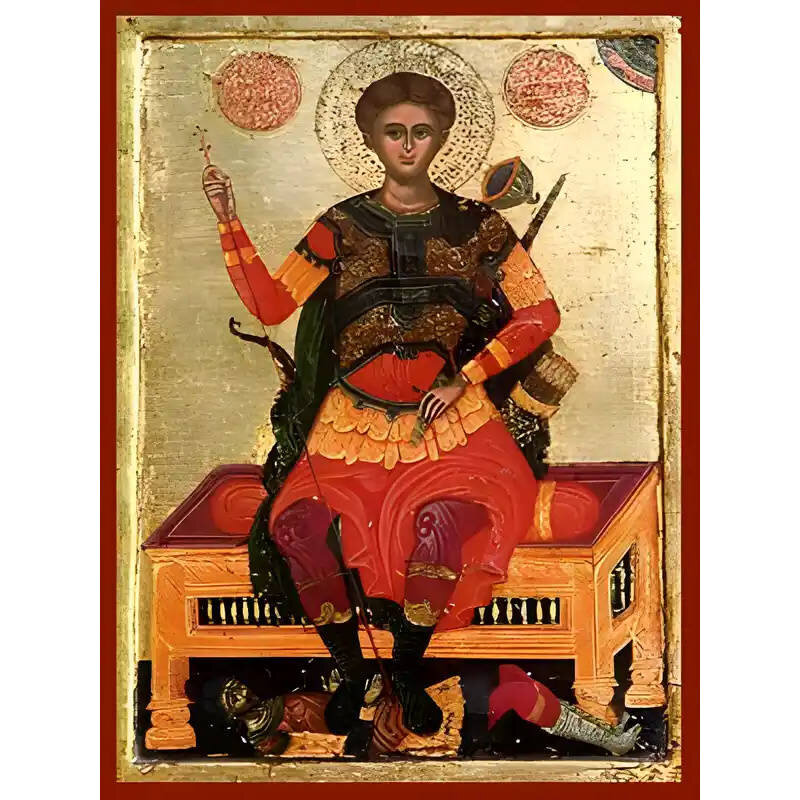 Εικόνα Ορθοδοξίας με περίγραμμα χρυσό σε ξύλο Φλαμουρίας  με  βάση Εικόνα ΑΓΙΟΣ ΔΗΜΗΤΡΙΟΣ, Ο ΜΥΡΟΒΛΥΤΗΣ, ΕΝΘΡΟΝΟΣ Χειροποίητη Ελληνορθόδοξη εικόνα του Ιησού Χριστού, Κρεμαστή πλάκα βυζαντινής τέχνης, χριστιανική τέχνη Διάσταση 40x30 cm (10,2x7,9 ίντσες)  INTRAEK-1447757864903