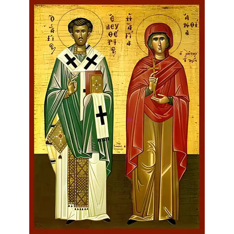 Εικόνα Ορθοδοξίας με περίγραμμα χρυσό σε ξύλο Φλαμουρίας  με  βάση Εικόνα ΑΓΙΟΣ ΕΛΕΥΘΕΡΙΟΣ, ΙΕΡΟΜΑΡΤΥΣ, ΕΠΙΣΚΟΠΟΣ ΙΛΛΥΡΙΚΟΥ ΚΑΙ Η ΜΗΤΗΡ ΑΥΤΟΥ ΑΓΙΑ ΑΝΘΙΑ ΜΑΡΤΥΣ, ΟΛΟΣΩΜΟΙ Χειροποίητη Ελληνορθόδοξη εικόνα του Ιησού Χριστού, Κρεμαστή πλάκα βυζαντινής τέχνης, χριστιανική τέχνη Διάσταση 40x30 cm (10,2x7,9 ίντσες)  INTRAEK-1447757864886