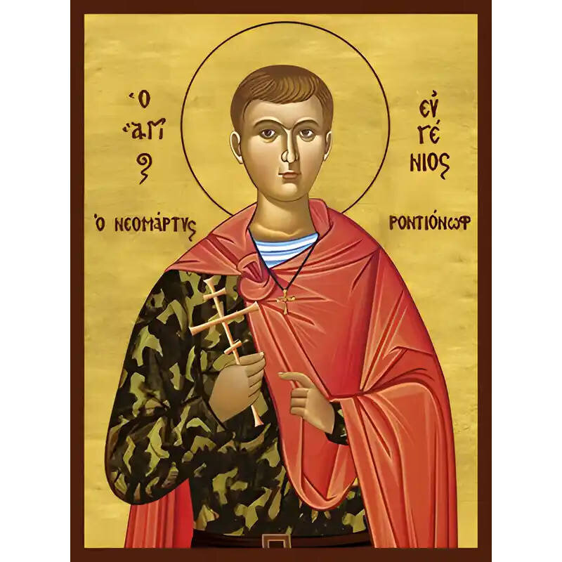 Εικόνα Ορθοδοξίας με περίγραμμα χρυσό σε ξύλο Φλαμουρίας  με  βάση Εικόνα ΑΓΙΟΣ ΕΥΓΕΝΙΟΣ ΡΟΝΤΙΟΝΩΦ, ΝΕΟΜΑΡΤΥΣ Χειροποίητη Ελληνορθόδοξη εικόνα του Ιησού Χριστού, Κρεμαστή πλάκα βυζαντινής τέχνης, χριστιανική τέχνη Διάσταση 40x30 cm (10,2x7,9 ίντσες)  INTRAEK-1447757864881