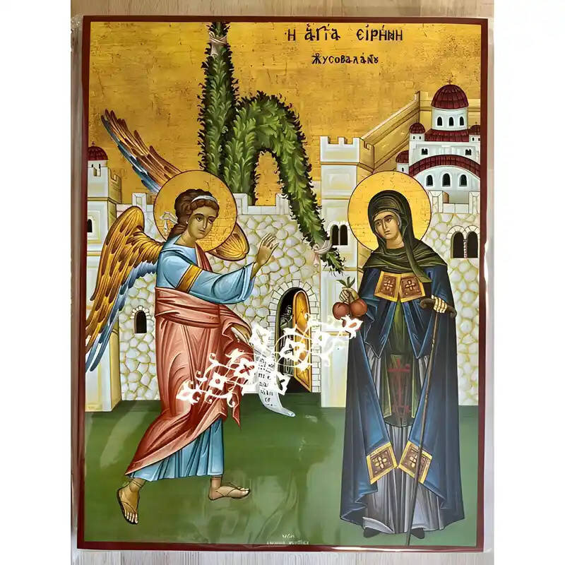 Εικόνα Ορθοδοξίας με περίγραμμα χρυσό σε ξύλο Φλαμουρίας  με  βάση Εικόνα Αγία Ειρήνη Χρυσοβαλάντου Χειροποίητη Ελληνορθόδοξη , Κρεμαστή πλάκα βυζαντινής τέχνης, χριστιανική τέχνη Διάσταση 10x7 cm (3,9 x 2,8 ίντσες) INTRAEK-670649