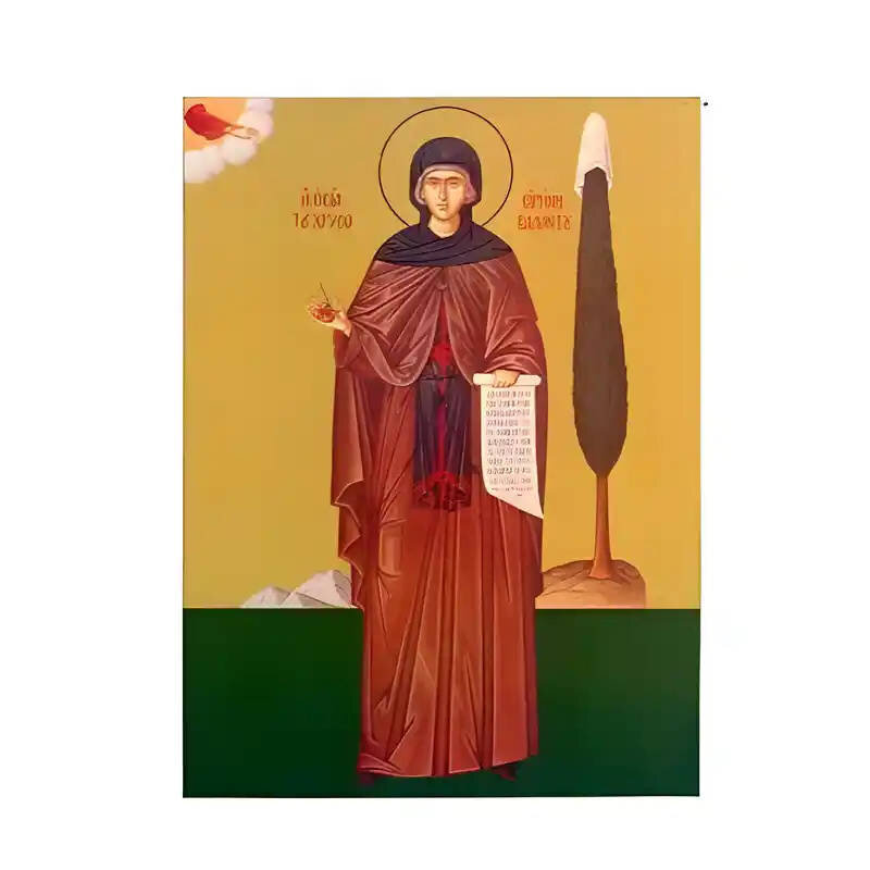 Εικόνα Ορθοδοξίας με περίγραμμα χρυσό σε ξύλο Φλαμουρίας  με  βάση Εικόνα Αγία Ειρήνη Χρυσοβαλάντου Χειροποίητη Ελληνορθόδοξη , Κρεμαστή πλάκα βυζαντινής τέχνης, χριστιανική τέχνη Διάσταση 10x7 cm (3,9 x 2,8 ίντσες) INTRAEK-670648