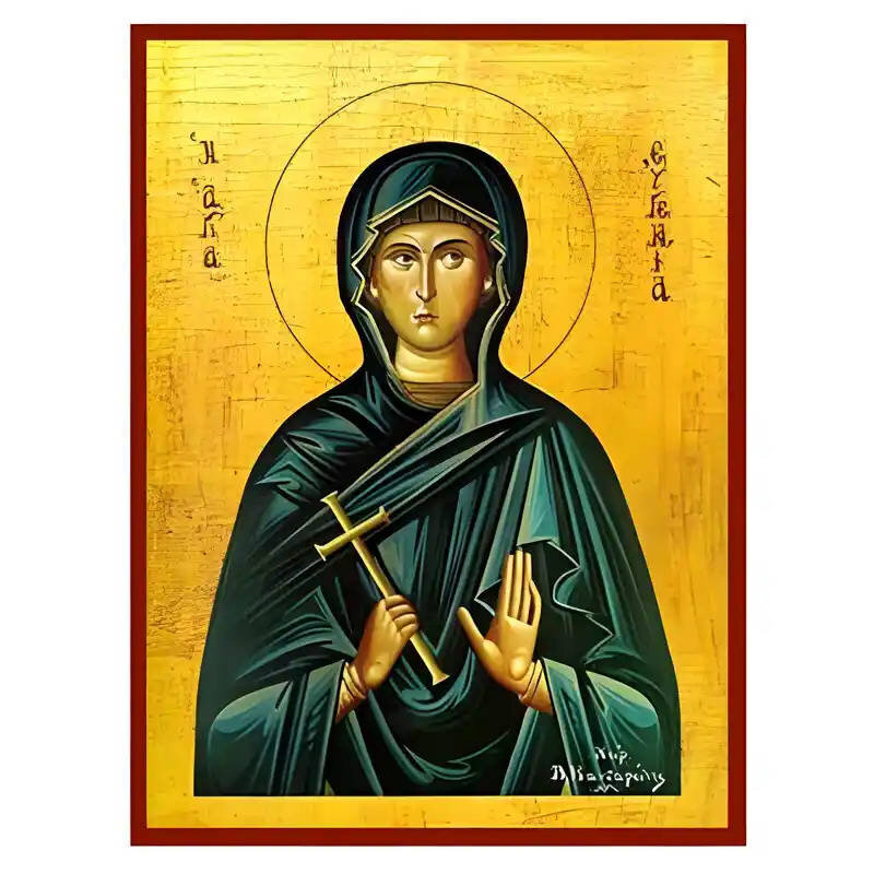 Εικόνα Ορθοδοξίας με περίγραμμα χρυσό σε ξύλο Φλαμουρίας  με  βάση Εικόνα Αγία Ευγενία Χειροποίητη Ελληνορθόδοξη , Κρεμαστή πλάκα βυζαντινής τέχνης, χριστιανική τέχνη Διάσταση 10x7 cm (3,9 x 2,8 ίντσες) INTRAEK-670635