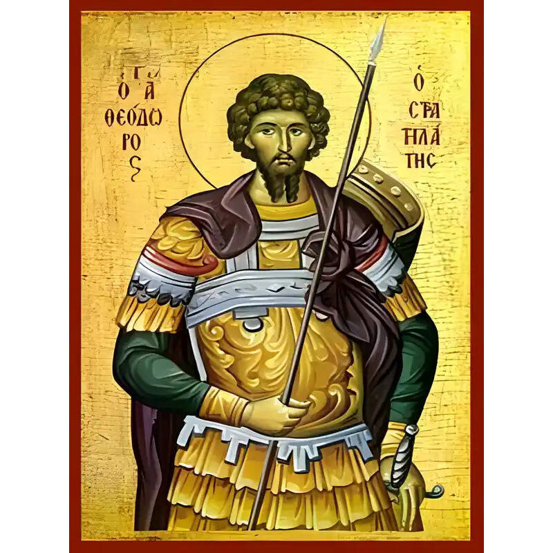 Εικόνα Ορθοδοξίας με περίγραμμα χρυσό σε ξύλο Φλαμουρίας  με  βάση Εικόνα ΑΓΙΟΣ ΘΕΟΔΩΡΟΣ ΜΕΓΑΛΟΜΑΡΤΥΣ, Ο ΣΤΡΑΤΗΛΑΤΗΣ Χειροποίητη Ελληνορθόδοξη εικόνα του Ιησού Χριστού, Κρεμαστή πλάκα βυζαντινής τέχνης, χριστιανική τέχνη Διάσταση 40x30 cm (10,2x7,9 ίντσες)  INTRAEK-1447757864853