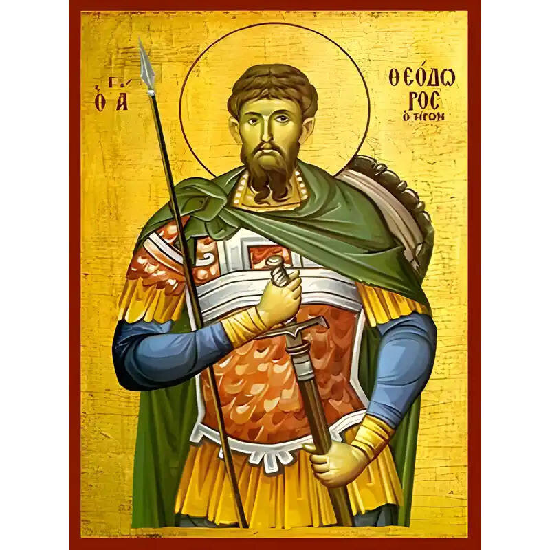 Εικόνα Ορθοδοξίας με περίγραμμα χρυσό σε ξύλο Φλαμουρίας  με  βάση Εικόνα ΑΓΙΟΣ ΘΕΟΔΩΡΟΣ Ο ΜΕΓΑΛΟΜΑΡΤΥΣ, ΤΗΡΩΝ Χειροποίητη Ελληνορθόδοξη εικόνα του Ιησού Χριστού, Κρεμαστή πλάκα βυζαντινής τέχνης, χριστιανική τέχνη Διάσταση 40x30 cm (10,2x7,9 ίντσες)  INTRAEK-1447757864851