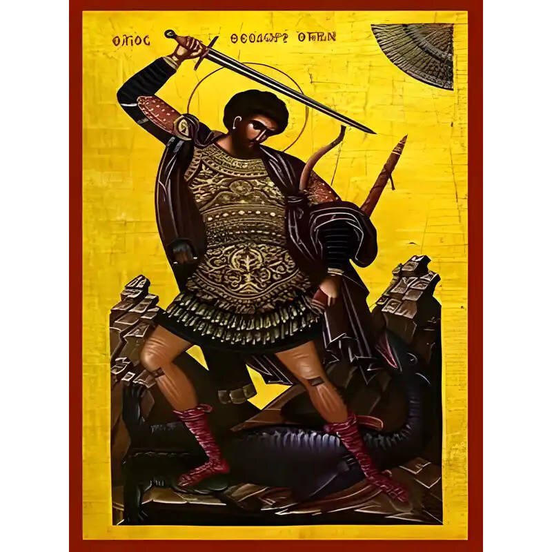 Εικόνα Ορθοδοξίας με περίγραμμα χρυσό σε ξύλο Φλαμουρίας  με  βάση Εικόνα ΑΓΙΟΣ ΘΕΟΔΩΡΟΣ Ο ΜΕΓΑΛΟΜΑΡΤΥΣ, ΤΗΡΩΝ, ΟΛΟΣΩΜΟΣ Χειροποίητη Ελληνορθόδοξη εικόνα του Ιησού Χριστού, Κρεμαστή πλάκα βυζαντινής τέχνης, χριστιανική τέχνη Διάσταση 40x30 cm (10,2x7,9 ίντσες)  INTRAEK-1447757864850