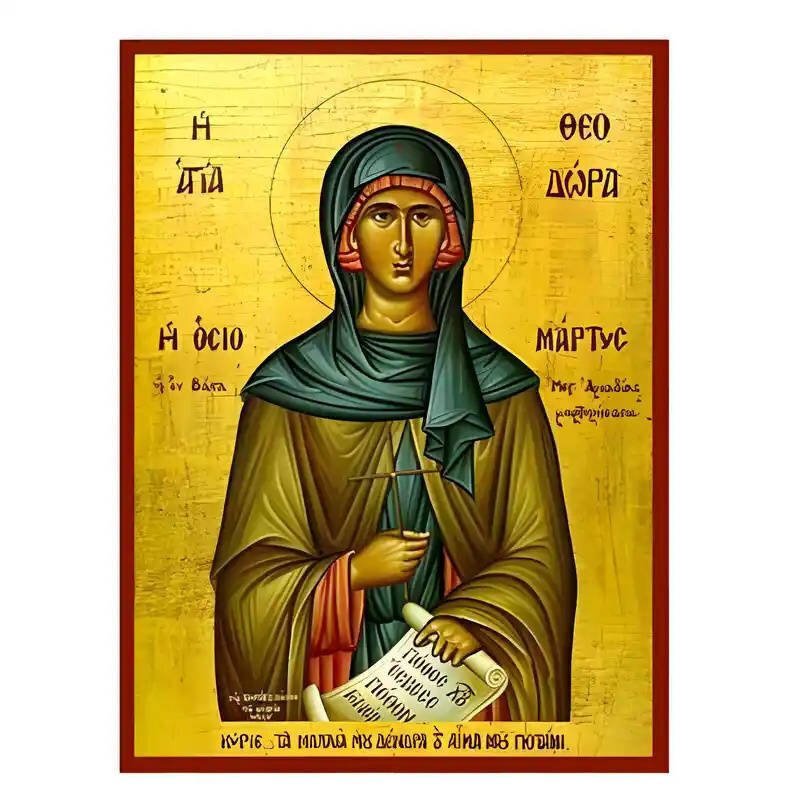 Εικόνα Ορθοδοξίας με περίγραμμα χρυσό σε ξύλο Φλαμουρίας  με  βάση Εικόνα Αγία Θεοδώρα εν Βάστα Χειροποίητη Ελληνορθόδοξη , Κρεμαστή πλάκα βυζαντινής τέχνης, χριστιανική τέχνη Διάσταση 10x7 cm (3,9 x 2,8 ίντσες) INTRAEK-670617