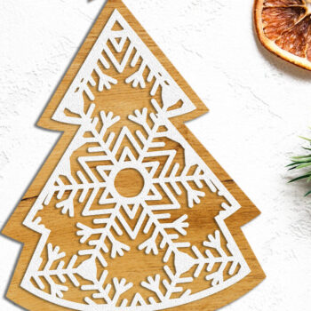 Intra απο ξύλο plywood Χρώμα wenge 3mm-4mm πάχος - Χριστουγεννιάτικο δέντρο με στολίδια από νιφάδες χιονιού Δίασταση 6x7 cm INTRAFABR-74886781 - Image 2