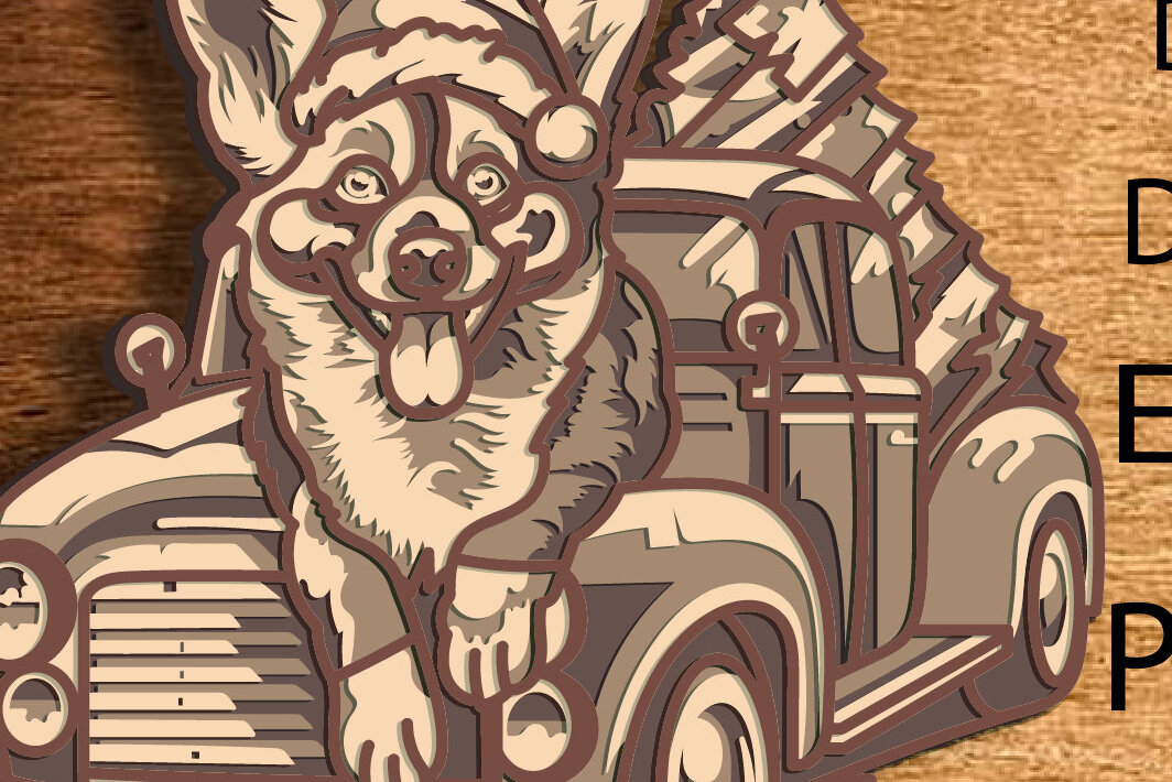 Intra απο ξύλο plywood  Χρώμα wenge 3mm-4mm πάχος - Christmas Truck Multilayer /Corgi Dog Δίασταση 15x15 cm INTRAFABR-100535497