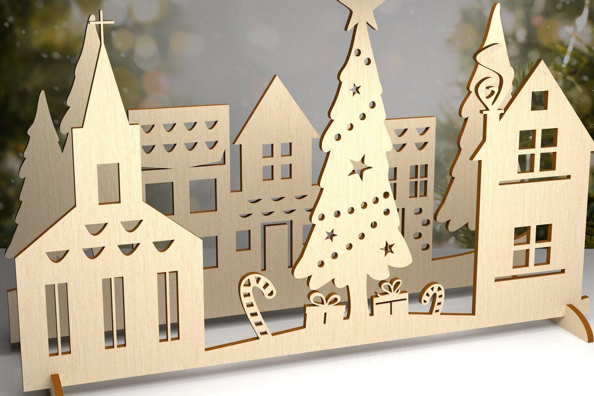 Intra απο ξύλο plywood  Χρώμα wenge 3mm-4mm πάχος - Χριστουγεννιάτικου χωριού. 3D διακόσμηση Δίασταση 15x15 cm INTRAFABR-76588427