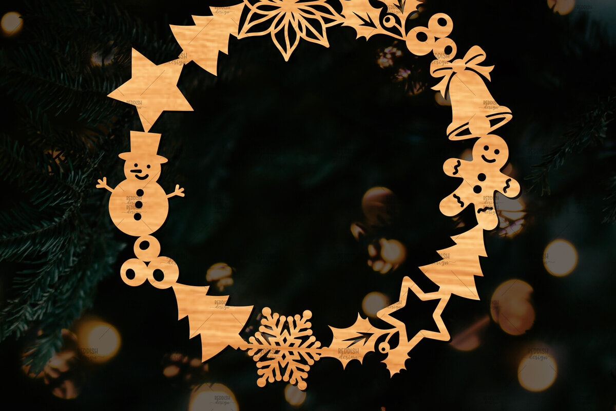 Intra απο ξύλο plywood  Χρώμα wenge 3mm-4mm πάχος - Χριστουγεννιάτικο στεφάνι τρισδιάστατο με λέιζερ Δίασταση 20x20 cm INTRAFABR-52453461
