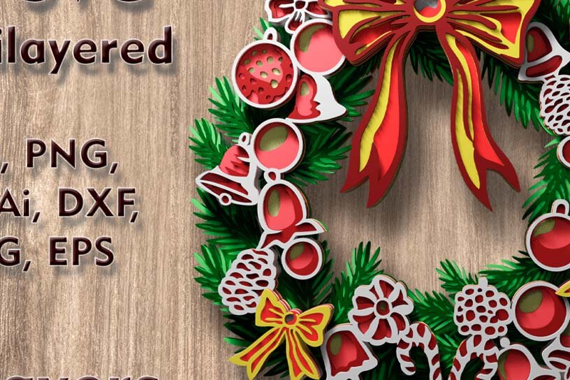 Intra απο ξύλο plywood  Χρώμα wenge 3mm-4mm πάχος - με λέιζερ 3D Χριστουγεννιάτικο στεφάνι Δίασταση 82x11 cm INTRAFABR-71452599