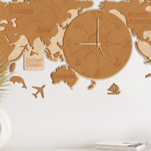 Intra απο ξύλο plywood  Χρώμα wenge 3mm-4mm πάχος - Παγκόσμιος χάρτης ρολογιού Ξύλινη τέχνη τοίχων Δίασταση 80x38 cm INTRAFABR-107013345