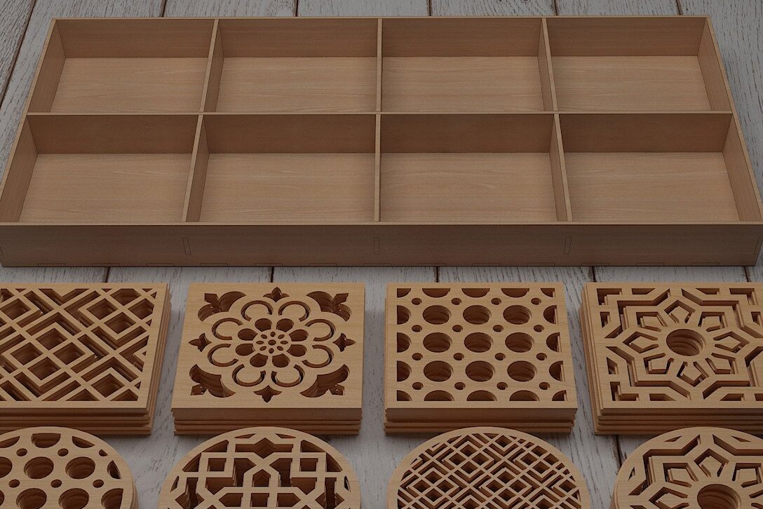 Intra απο ξύλο plywood  Χρώμα wenge 3mm-4mm πάχος - Σετ σουβέρ και κουτί με διαχωριστικά Δίασταση 30x20 cm INTRAFABR-30926362