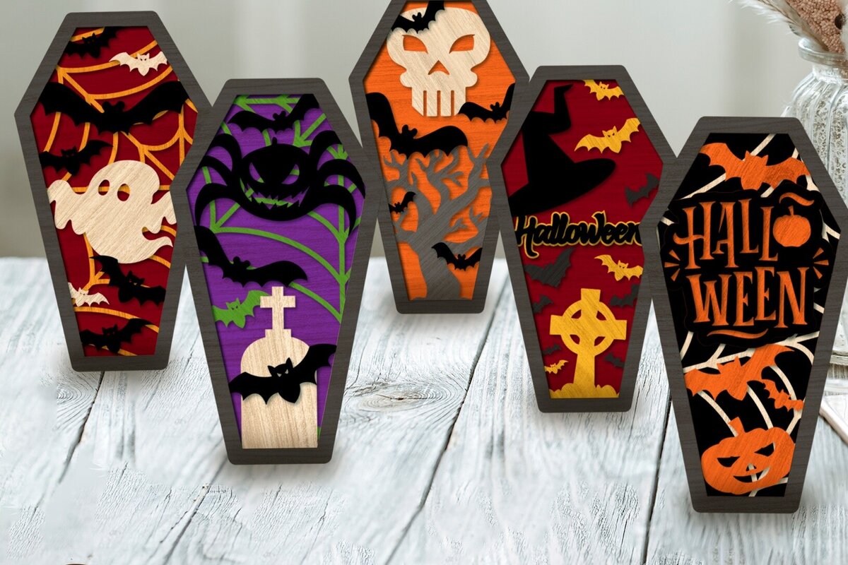 Intra απο ξύλο plywood  Χρώμα wenge 3mm-4mm πάχος - κοπής με λέιζερ σε πακέτο COFFIN HALLOWEEN Δίασταση 7x12 cm INTRAFABR-116007630