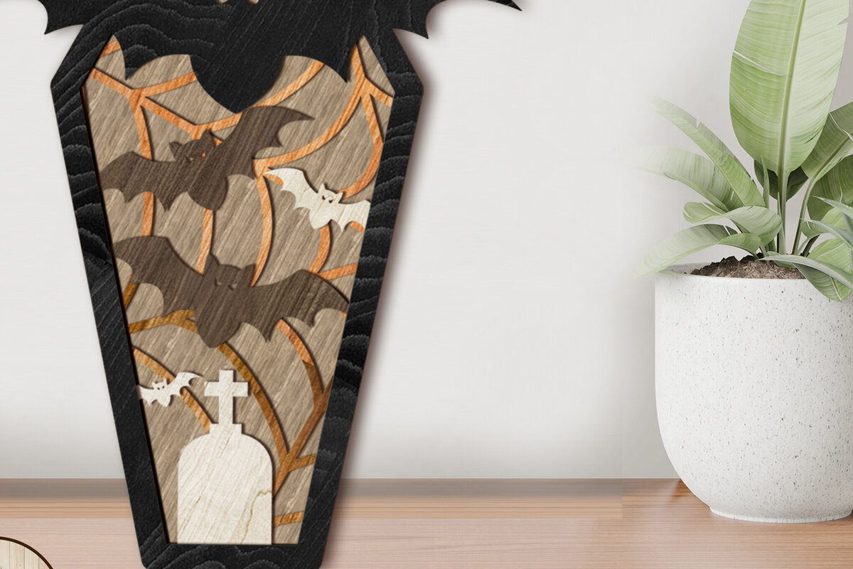 Intra απο ξύλο plywood  Χρώμα wenge 3mm-4mm πάχος - Φέρετρο με νυχτερίδα αποκριάτικη διακόσμηση Δίασταση 8x13 cm INTRAFABR-116644821