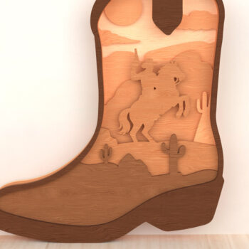 Intra απο ξύλο plywood  Χρώμα wenge 3mm-4mm πάχος - Τρισδιάστατη σκηνή άγριας δύσης Cowboy Boot Δίασταση 30x20 cm INTRAFABR-74438993 - Image 1