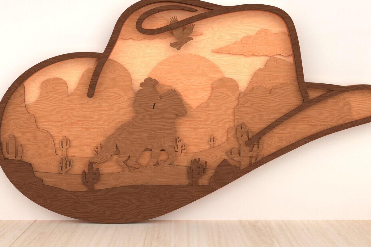 Intra απο ξύλο plywood  Χρώμα wenge 3mm-4mm πάχος - Καουμπόικο καπέλο Western 3D Layered Art Δίασταση 30x20 cm INTRAFABR-117930299