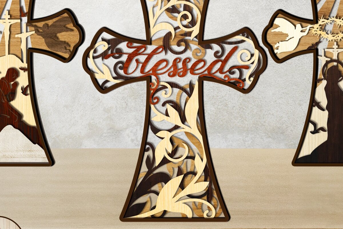 Intra απο ξύλο plywood  Χρώμα wenge 3mm-4mm πάχος - CROSS 3D Bundle Religious Layered Δίασταση 9x12 cm INTRAFABR-115432247